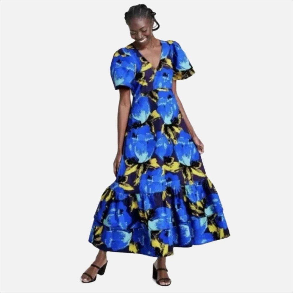 Christopher John Rogers / Blue and Yellow Floral Tiered Maxi Dress